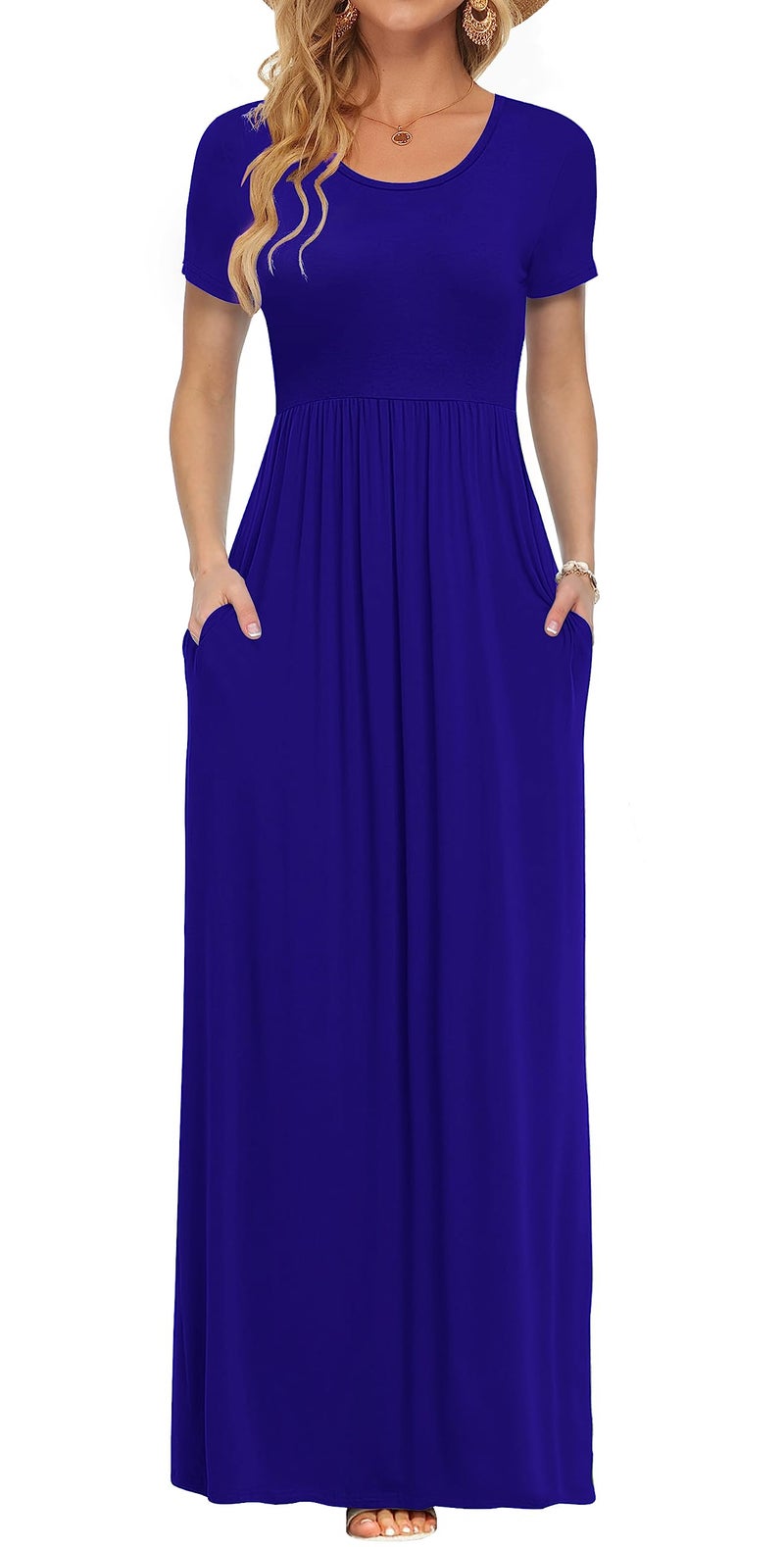 AUSELILY Women's Short Sleeve Loose Plain Casual Long Maxi Dresses for Women 2026 Royal Blue L - Image 1